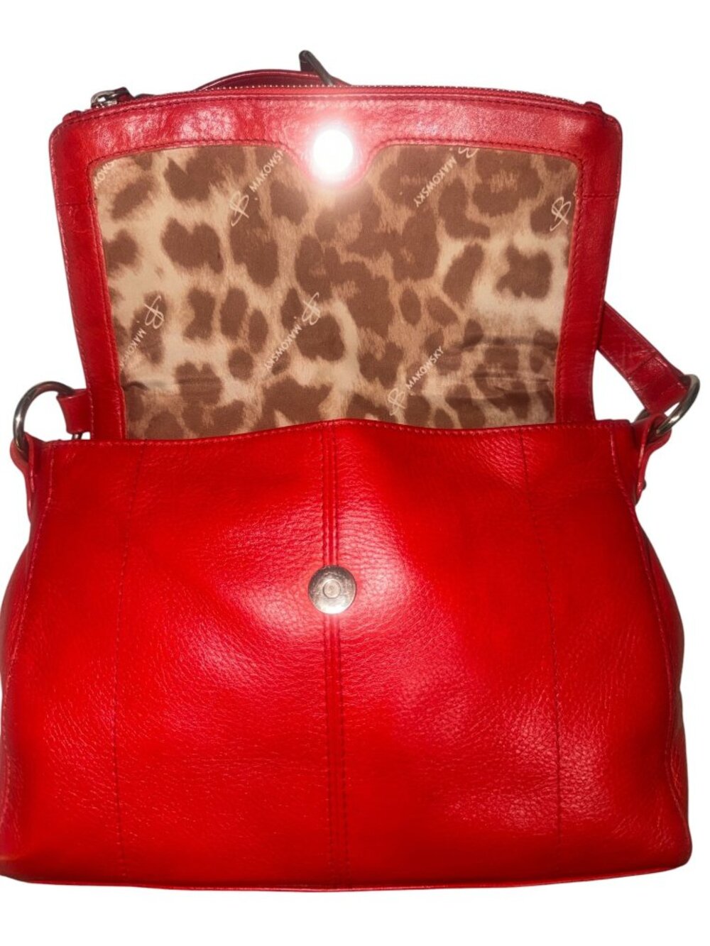 B Makowsky Fold Over Cherry Red Pebbled Leather Crossbody Bag Adjustable Strap - Picture 7 of 11